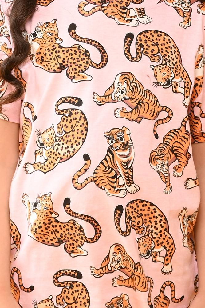 TIGER PINK SHORT SLEEVES PYJAMA SET - PINK - Anthrilo India