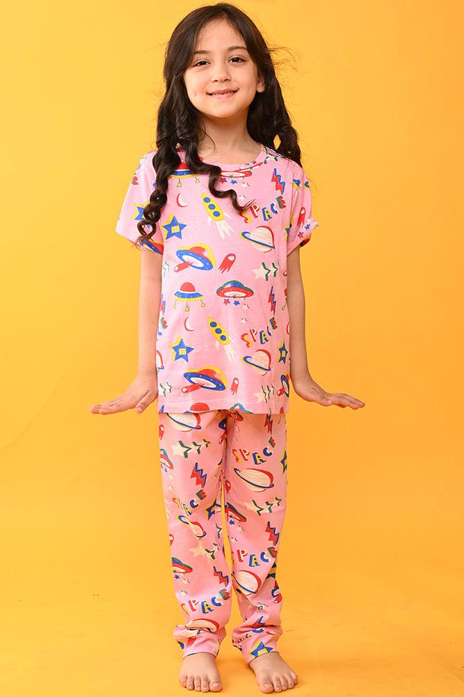 SPACE PINK SHORT SLEEVES PYJAMA SET - PINK - Anthrilo India