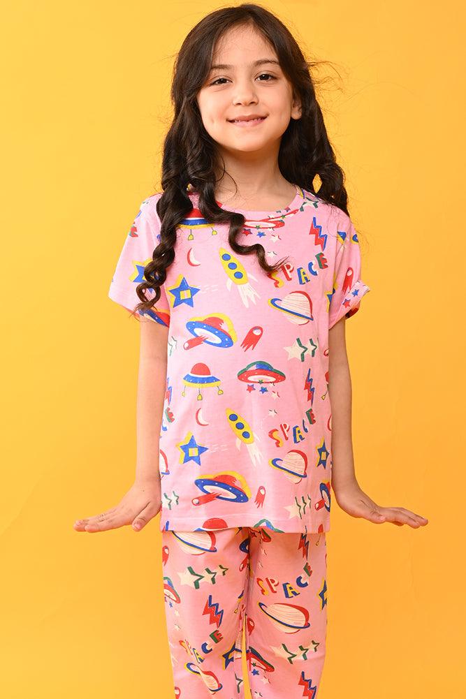 SPACE PINK SHORT SLEEVES PYJAMA SET - PINK - Anthrilo India