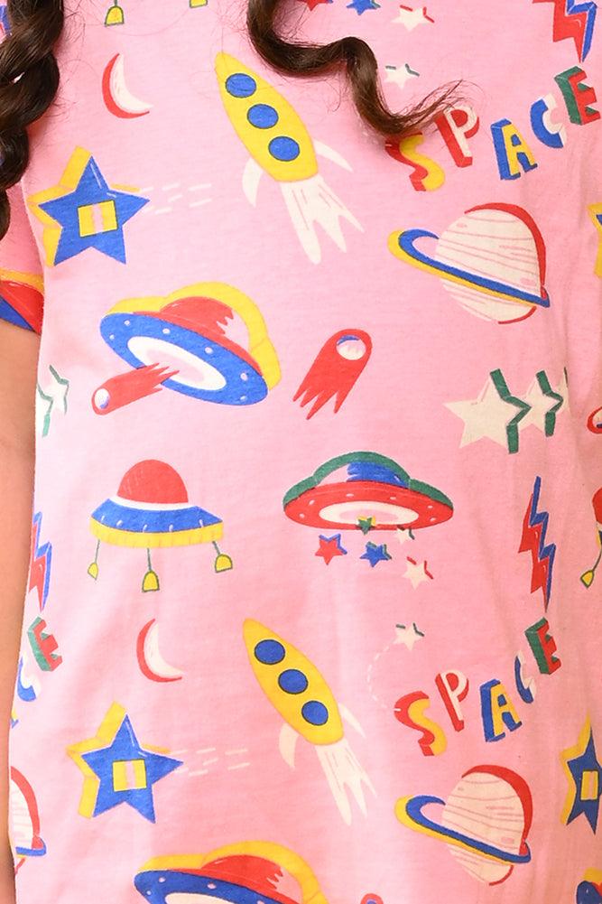 SPACE PINK SHORT SLEEVES PYJAMA SET - PINK - Anthrilo India