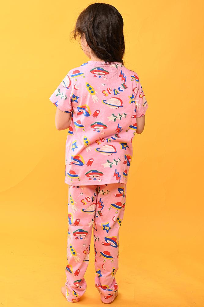 SPACE PINK SHORT SLEEVES PYJAMA SET - PINK - Anthrilo India