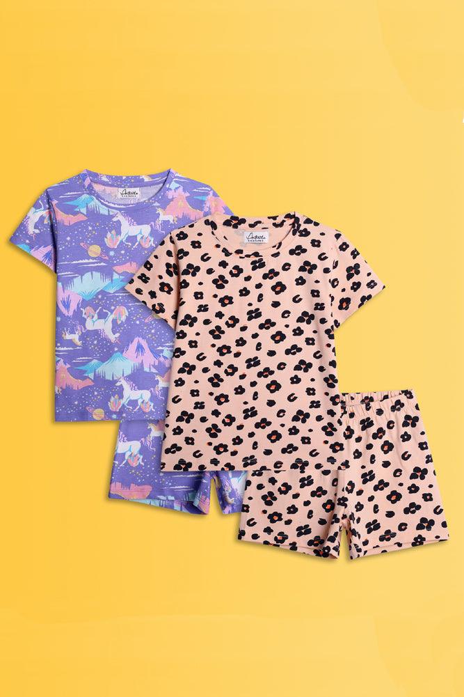 LEOPARD PRINT AND UNICORN PLANET SLEEPWEAR SHORTS SET (PACK OF 2) - Anthrilo India