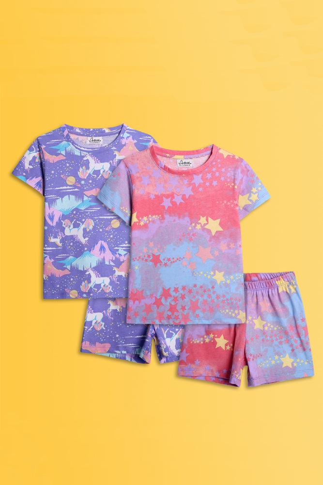 UNICORN TIE DYE STAR AND UNICORN PLANET SLEEPWEAR SHORT SET (PACK OF 2) - Anthrilo India
