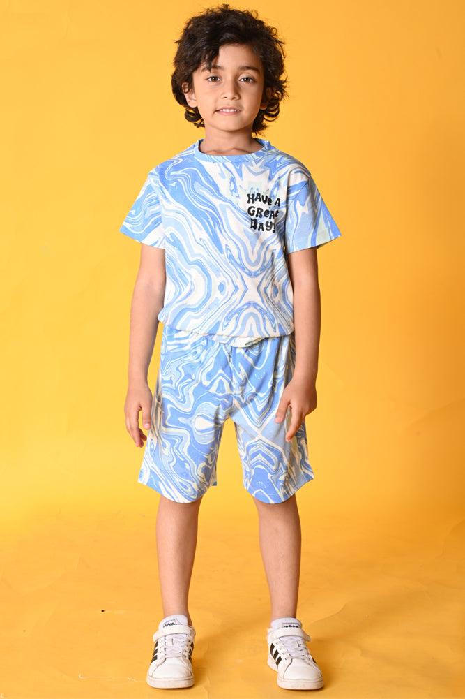 MARBLING BLUE SHORT SLEEVES PYJAMA SET - BLUE - Anthrilo India