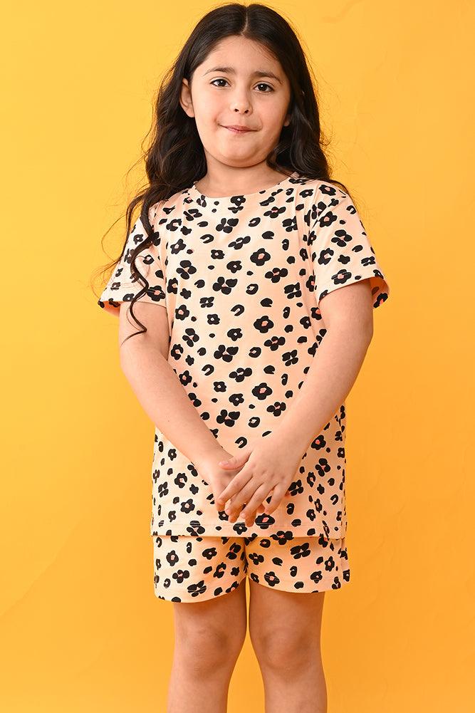 FLORAL LEOPARD SLEEPWEAR SHORTS SET - PEACH - Anthrilo India