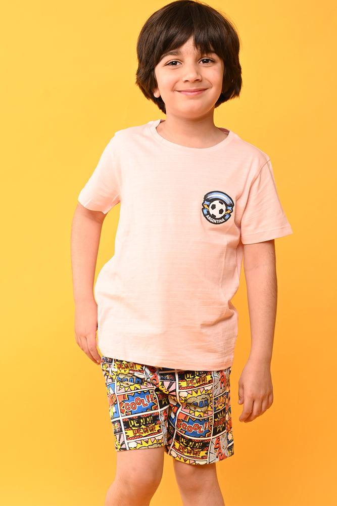 ARGENTINA PEACH SUPERHERO SHORTS SET - PEACH/BLUE - Anthrilo India