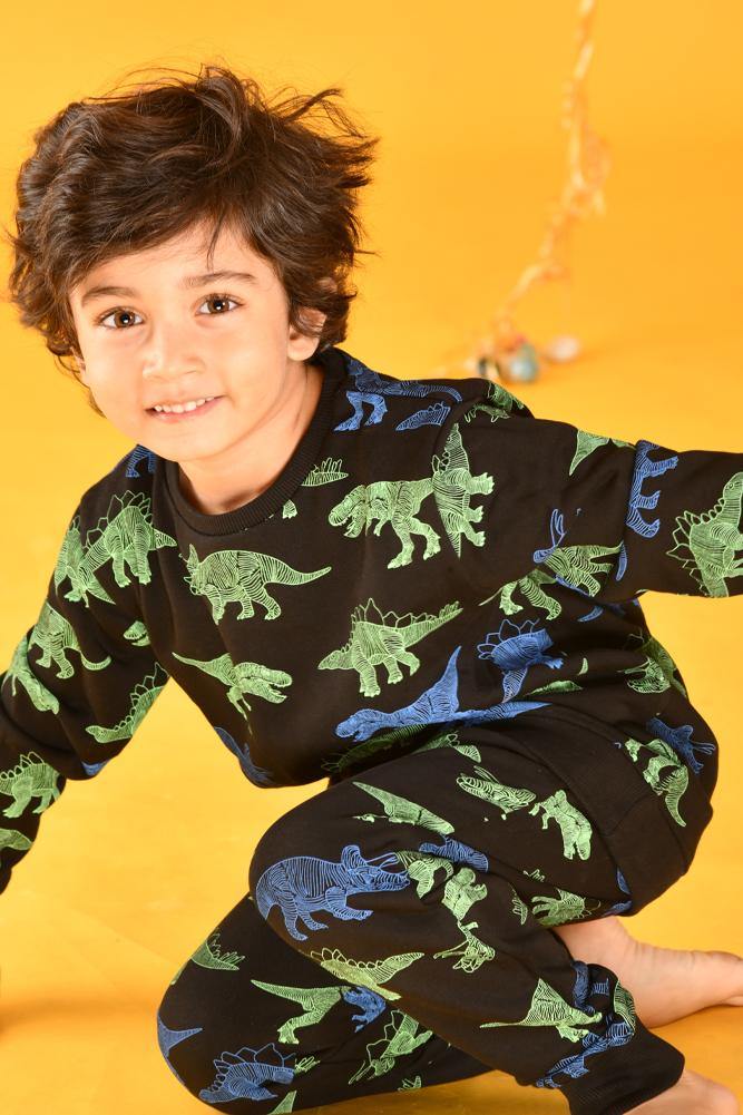 DINOSAUR BOYS BLACK SWEATSHIRT JOGGER SET (FLEECE) - Anthrilo