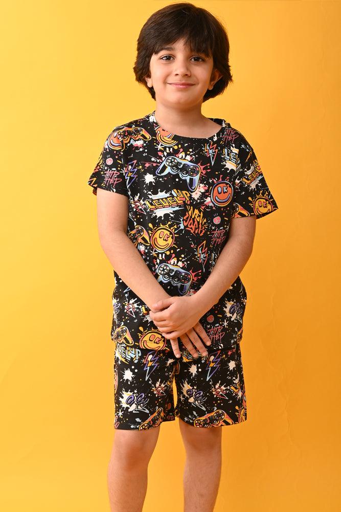 LEVEL UP BOYS SLEEPWEAR SHORTS SET - BLACK - Anthrilo India