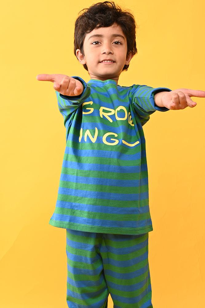 GROWING STRIPED BOYS PYJAMA SET - BLUE/GREEN - Anthrilo India