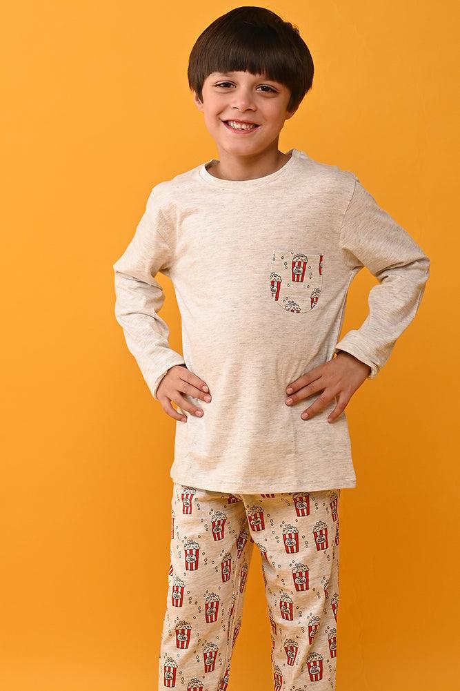 POPCORN BOYS PYJAMA SET - ECRU MELANGE - Anthrilo India