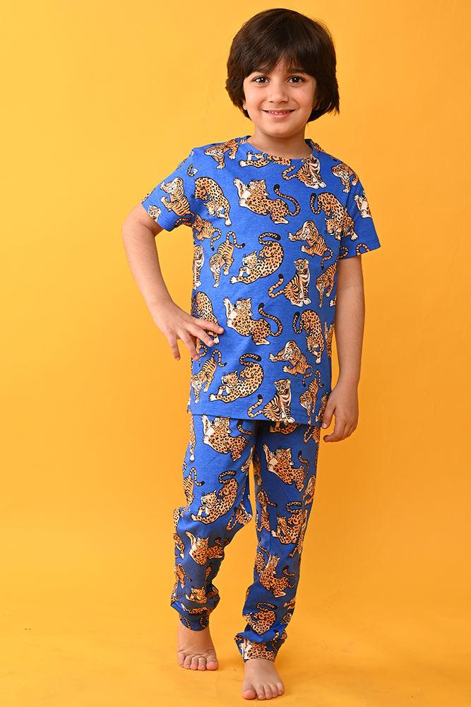 TIGER BLUE SHORT SLEEVES PYJAMA SET - BLUE - Anthrilo India