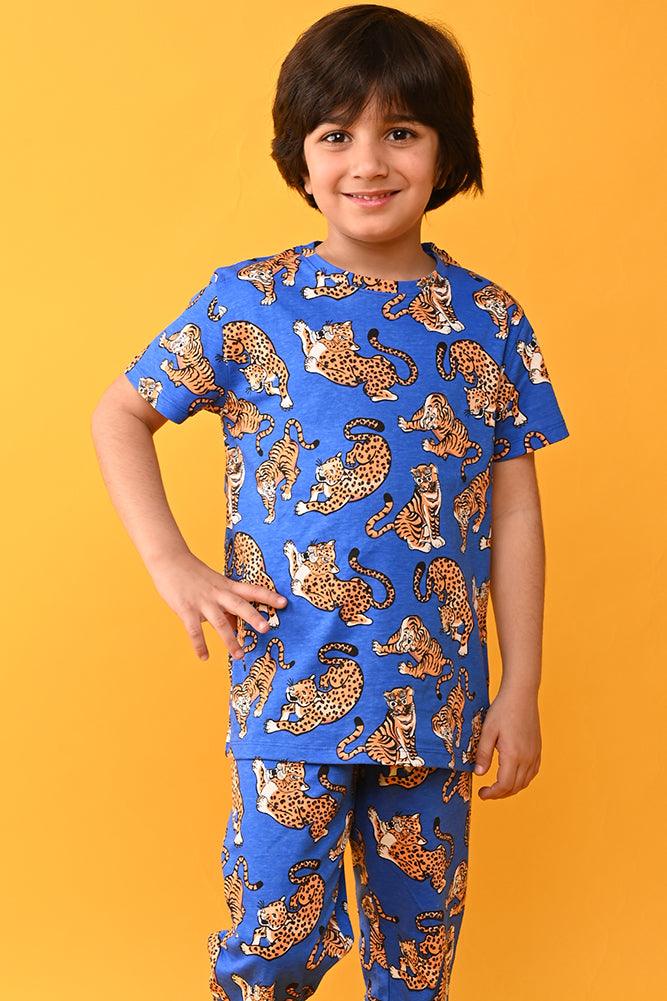 TIGER BLUE SHORT SLEEVES PYJAMA SET - BLUE - Anthrilo India