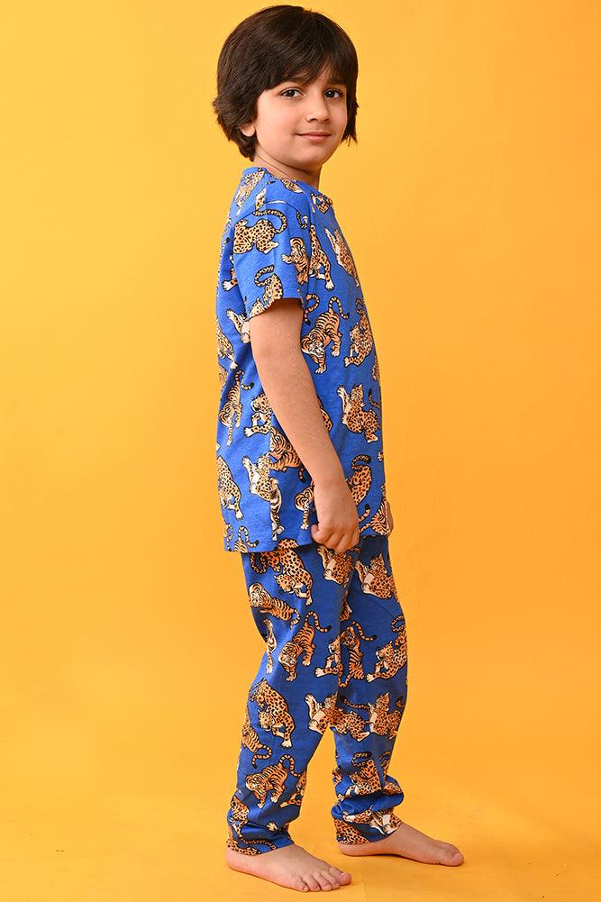 TIGER BLUE SHORT SLEEVES PYJAMA SET - BLUE - Anthrilo India