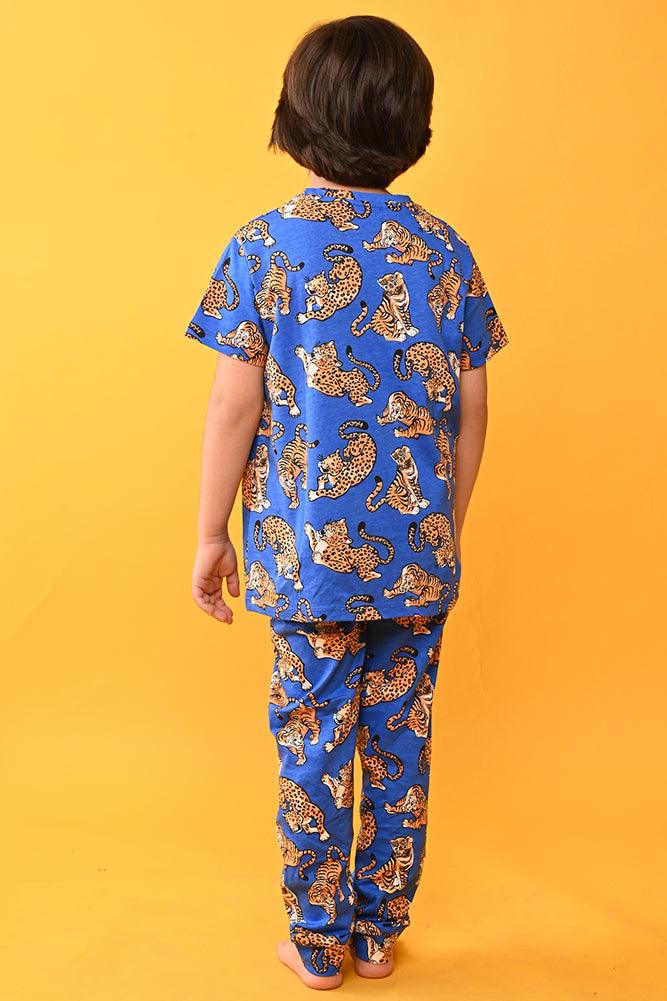 TIGER BLUE SHORT SLEEVES PYJAMA SET - BLUE - Anthrilo India