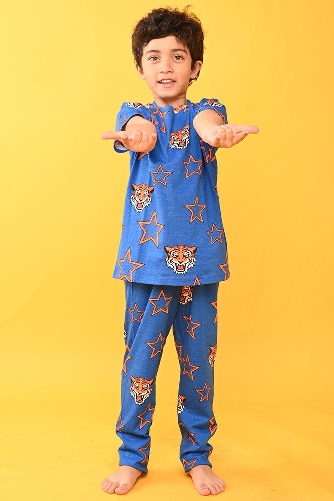 TIGER STAR BLUE SHORT SLEEVES PYJAMA SET - BLUE - Anthrilo India