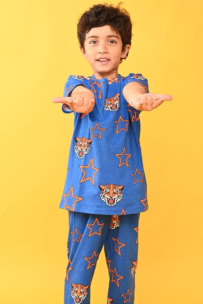 TIGER STAR BLUE SHORT SLEEVES PYJAMA SET - BLUE - Anthrilo India