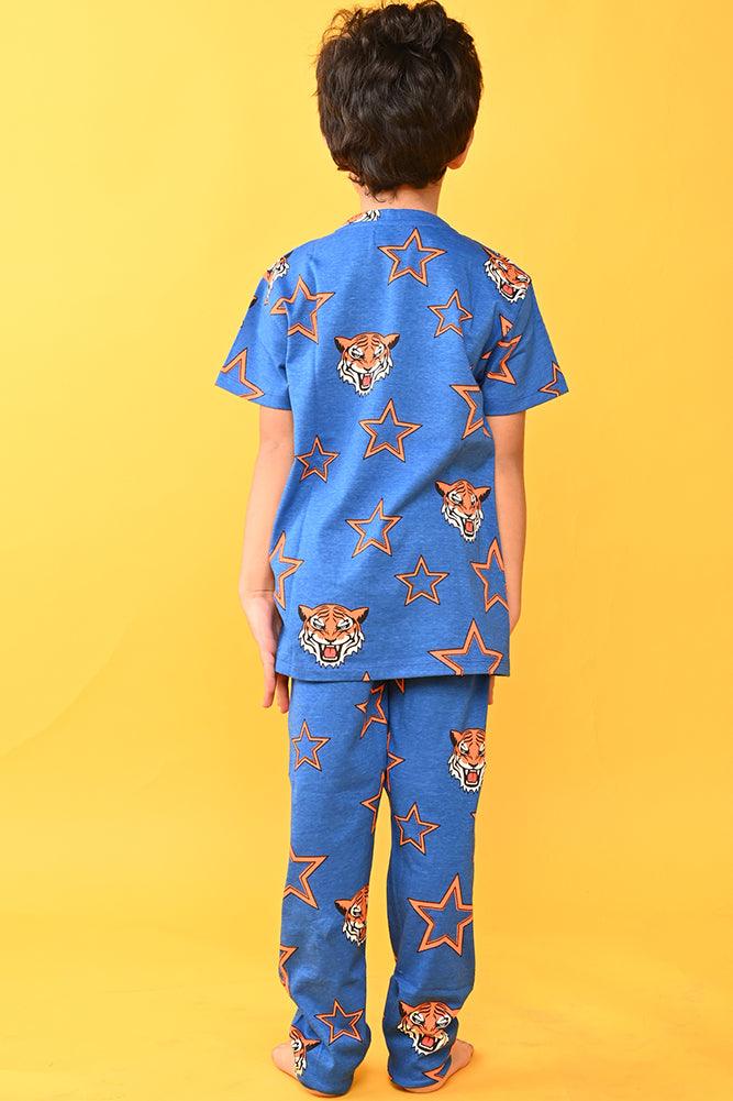 TIGER STAR BLUE SHORT SLEEVES PYJAMA SET - BLUE - Anthrilo India