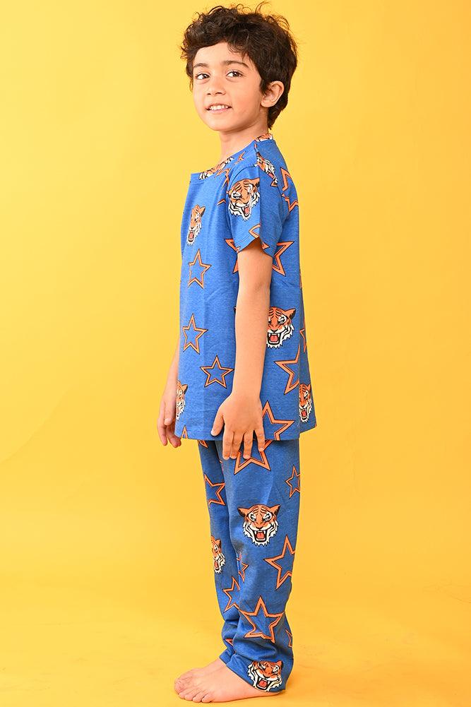 TIGER STAR BLUE SHORT SLEEVES PYJAMA SET - BLUE - Anthrilo India