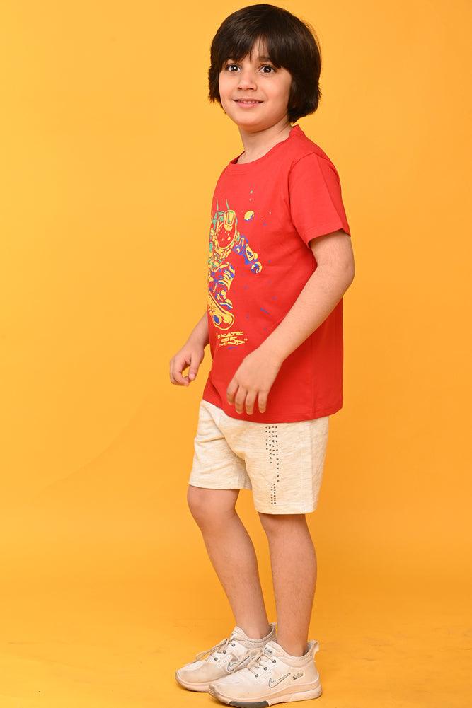SKATE OF MIND ECRU MELANGE SHORTS SET - RED/ ECRU - Anthrilo India