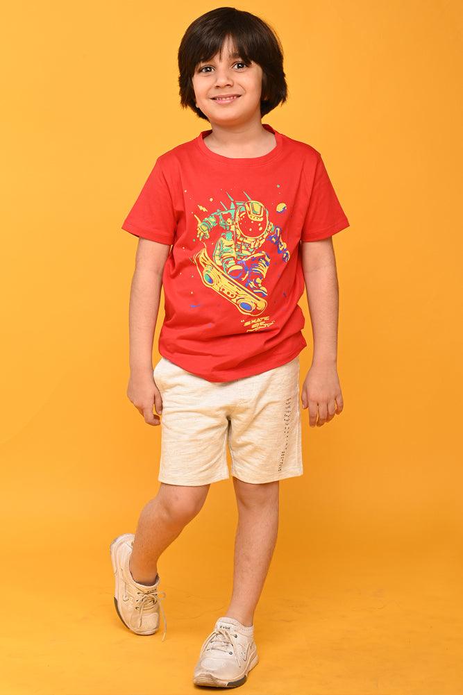 SKATE OF MIND ECRU MELANGE SHORTS SET - RED/ ECRU - Anthrilo India