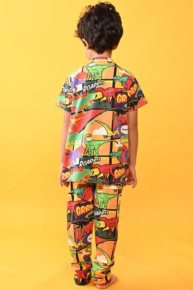 DINOSAUR SHORT SLEEVES PYJAMA SET - RED - Anthrilo India