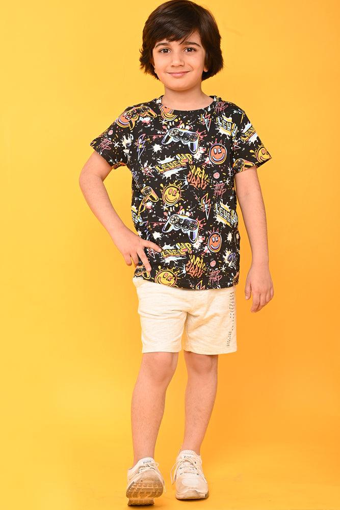 LEVEL UP ECRU MELANGE SHORTS SET - BLACK/ ECRU - Anthrilo India