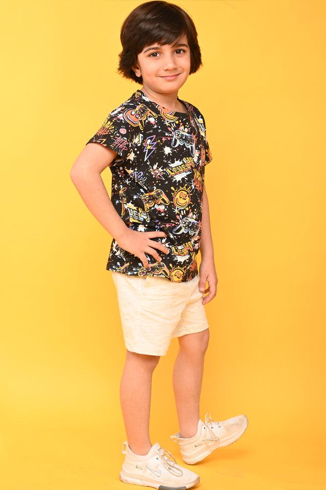 LEVEL UP ECRU MELANGE SHORTS SET - BLACK/ ECRU - Anthrilo India
