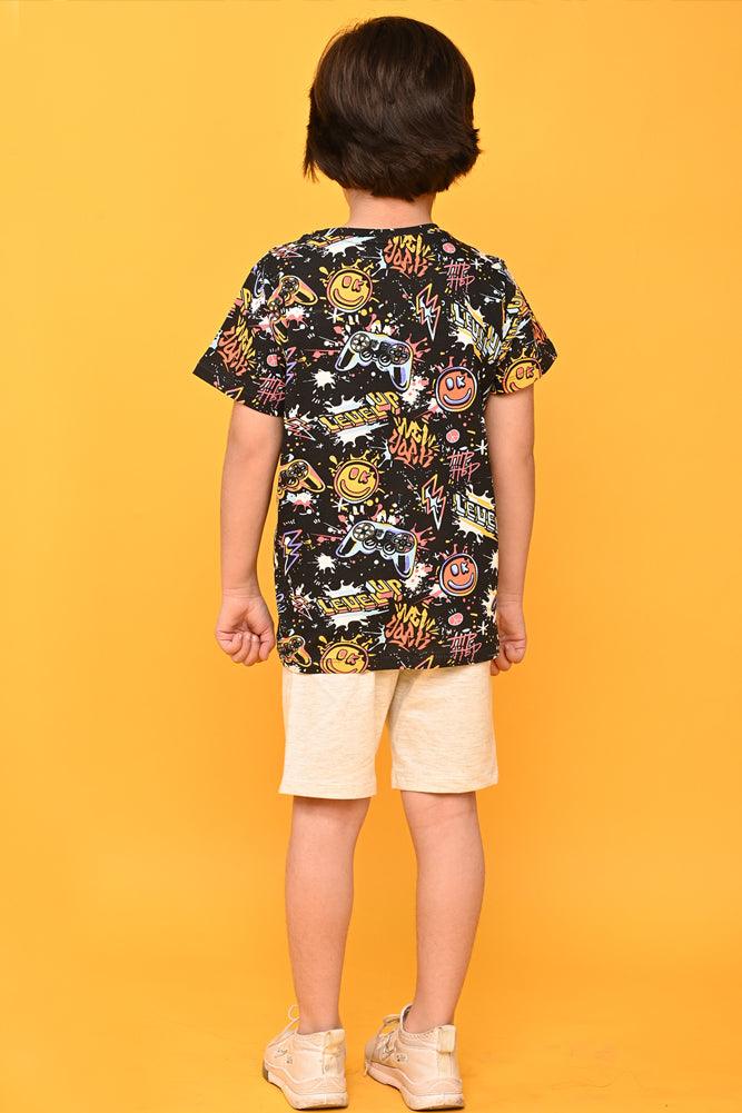 LEVEL UP ECRU MELANGE SHORTS SET - BLACK/ ECRU - Anthrilo India
