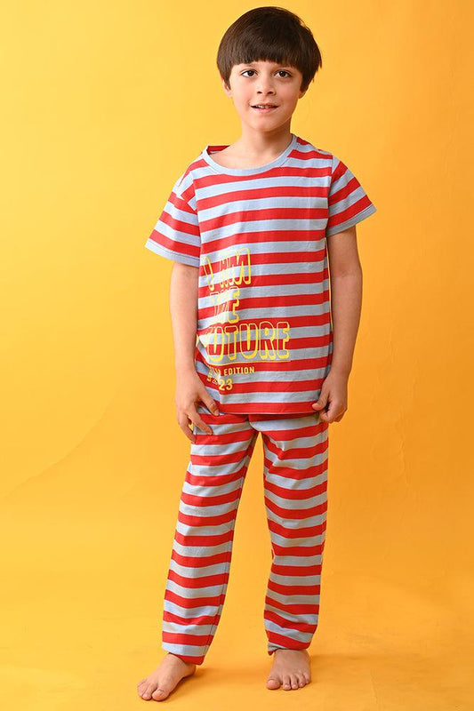 I AM THE FUTURE STRIPED SHORT SLEEVES PYJAMA SET - SKY/RED - Anthrilo India