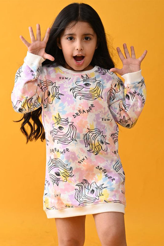 UNICORN TIE DYE FLEECE SWEATSHIRT DRESS - WHITE - Anthrilo Design House
