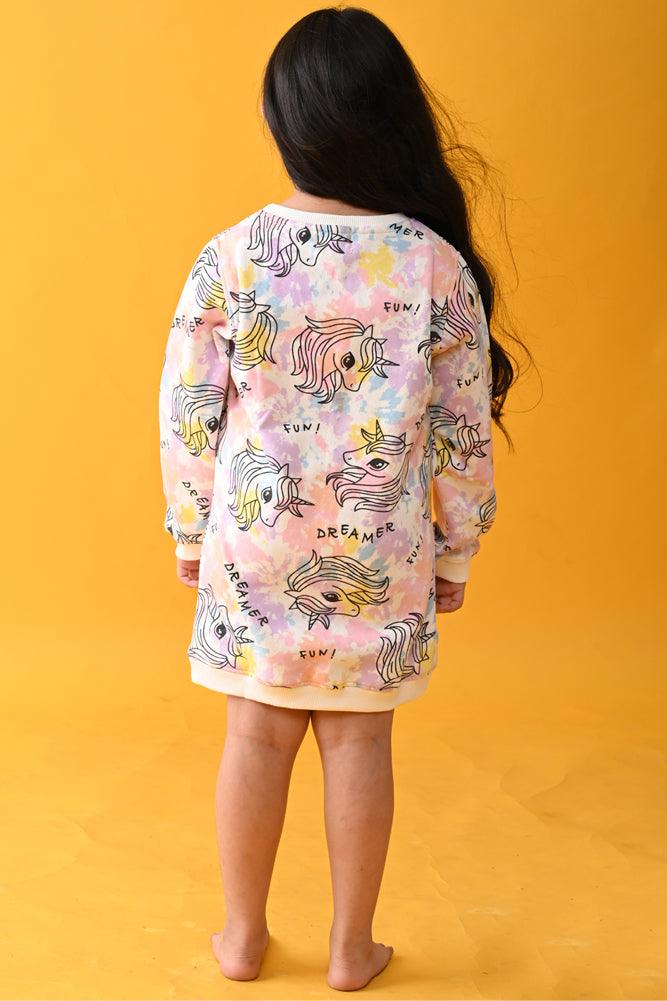 UNICORN TIE DYE FLEECE SWEATSHIRT DRESS - WHITE - Anthrilo Design House