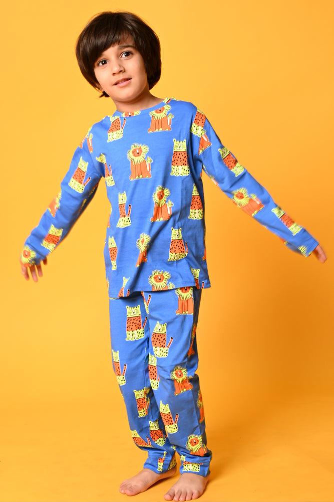 WILD CATS LONG SLEEVES PYJAMA SET - BLUE - Anthrilo Design House