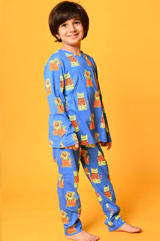 WILD CATS LONG SLEEVES PYJAMA SET - BLUE - Anthrilo Design House